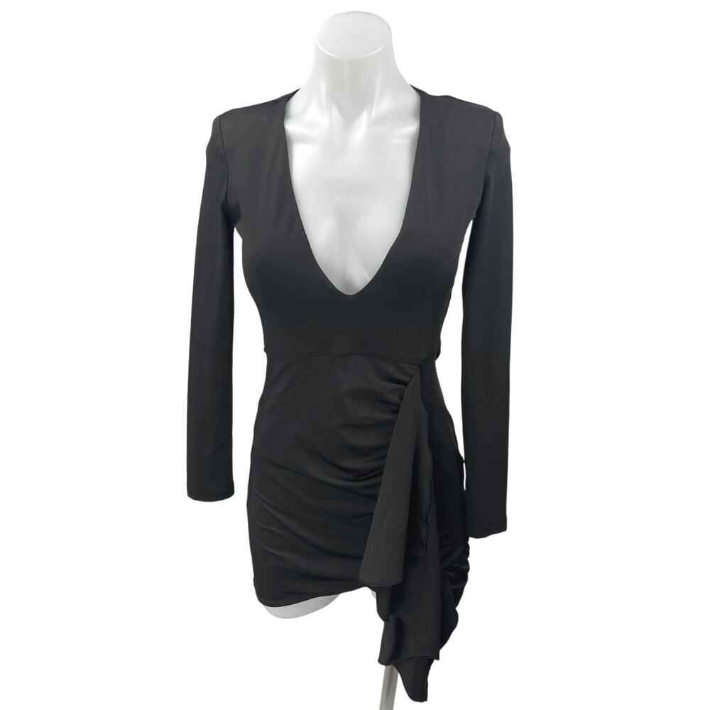 Superdown Martyna Black Long Sleeve V-Neck Ruched Draped Mini Bodycon Dress Sz S